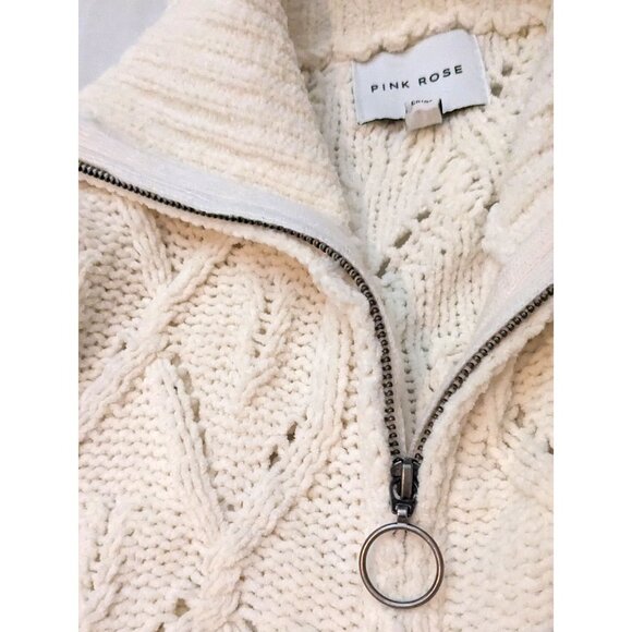 Pink Rose - White Cropped Chunky Sweater with Folded Sleeve and Collar Size M - Picture 8 of 9